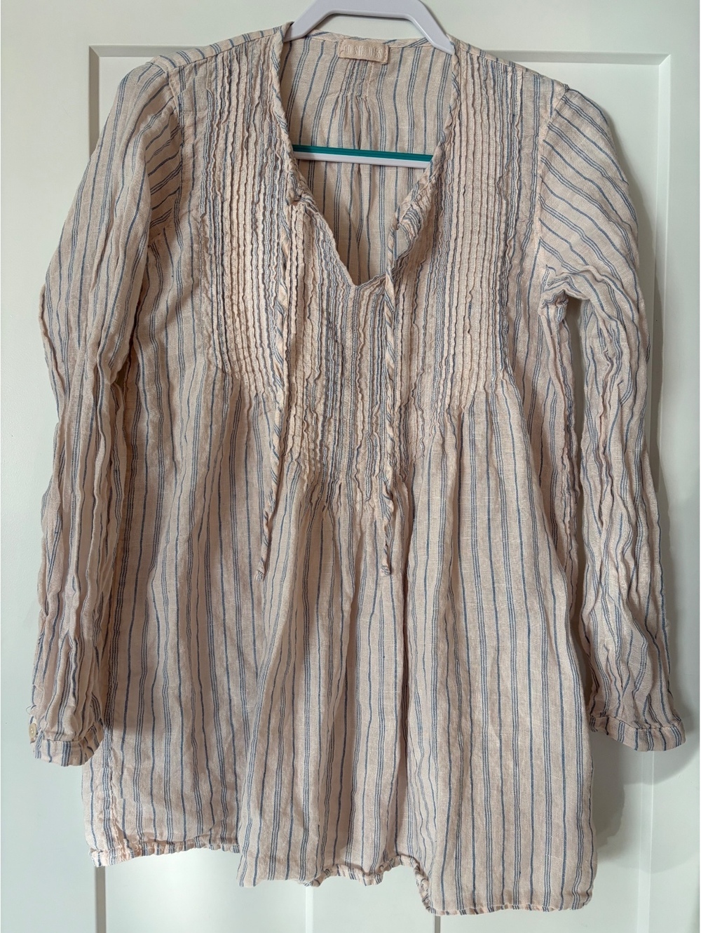 CP Shades Striped Linen Popover Top — Cream/Blue, Size L